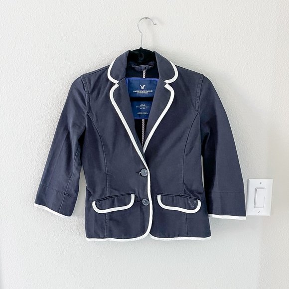 American Eagle Outfitters Black Denim 3/4 Sleeve Blazer with White Piping - Picture 2 of 5